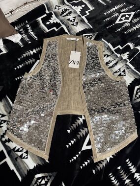 ZARA Silver Sequin Vest with Champagne Trim
